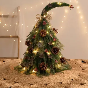Mini Set Albero di Natale Artificiale Con Luci LED Pigne Cotone Fiocco Ornamento da Tavolo per Festa di Natale Casa Arredamento