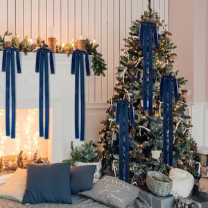 Elegant navy blue velvet ribbon bows for Christmas tree and fireplace mantel decor