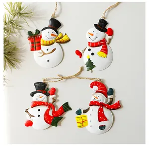 Lot de 4 décorations de Noël bonhomme de neige en métal peint avec ficelle de jute pour suspendre