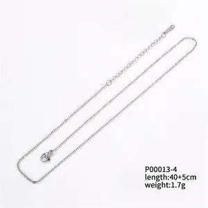 Detail shot of a silver dainty link chain necklace with lobster clasp and extender.