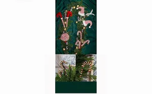 Decorative DIY Christmas tree picks featuring knitted elf legs, candy canes, and hats