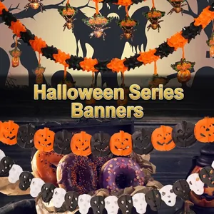 Halloween Decoration Banner Spooky Pumpkin Skull Spider Bat Paper Garland For Haunted House Party Indoor Outdoor Hanging Decor