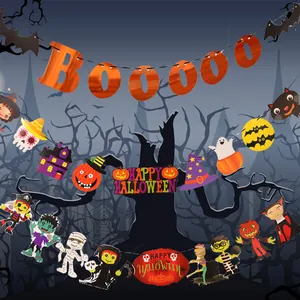 Halloween cartoon character banner set with Booooo and Happy Halloween text