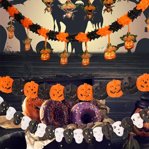 Halloween hanging decorations with pumpkin, spider, and skull garlands for party