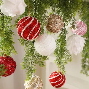 Festive set of assorted 8cm Christmas ball ornaments with pearls and glitter on branches