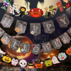 Festive Halloween decorative banner set featuring spooky pumpkin, ghost, and monster motifs