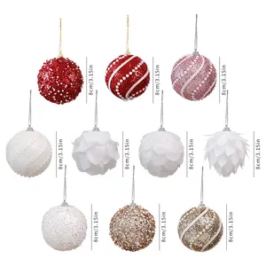 Set of 10 decorative 8cm Christmas ball ornaments featuring pearls and sequins detail.