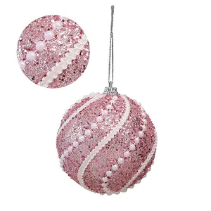 Pink glitter Christmas ball ornament with elegant white pearls and silver hanging string