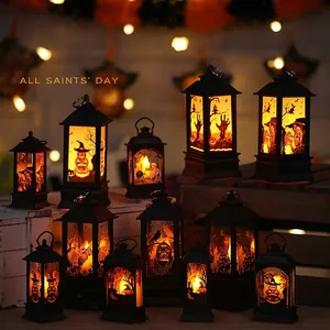 Halloween Retro LED Wind Lantern Spooky Silhouette Electronic Candle Light Pumpkin Witch Skull Pattern Party Decoration Table Ornament