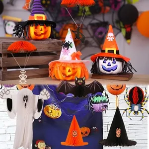 Assorted Halloween paper decorations featuring bats spiders ghosts and pumpkin lanterns