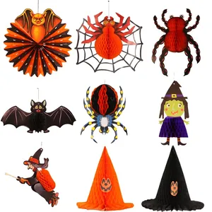 Colorful Halloween paper honeycomb hanging decorations with bats spiders and witches