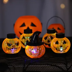 Set of glowing Halloween jack-o'-lantern decorations with multiple expressions