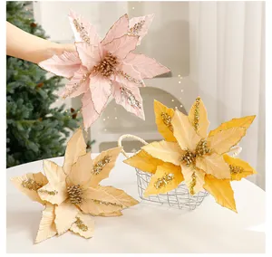 Detailed macro view of artificial glittery poinsettia flowers for Christmas decor