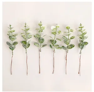 Six individual frosted artificial eucalyptus leaf stems for DIY home decoration and floral design