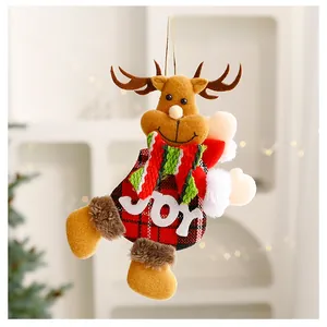 Plush Christmas reindeer ornament with "joy" text for holiday tree decoration.