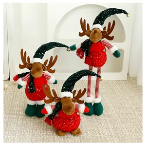 Three Christmas reindeer plush dolls with red sequin bodies and telescopic legs