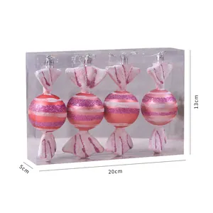 Set di 4 decorazioni natalizie a forma di caramella rosa glitterata in scatola