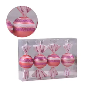 Set di 4 decorazioni natalizie a forma di caramella rosa con strisce glitterate in scatola