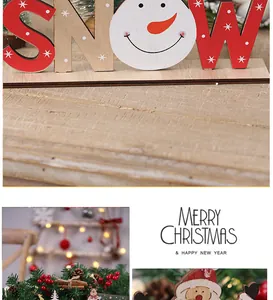 Gedetailleerd overzicht van feestelijke houten SNOW-ornamenten en kerstman tafeldecoratie