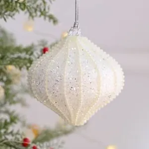 Boule de Noël en forme d'oignon blanc pailleté pour décoration de sapin festif