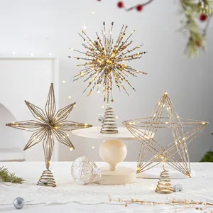 LED Christmas Tree Topper Star Glitter Iron Tree Top Decoration Gold Silver Battery Operated Eight-Pointed Star Ornament Holiday Home Decor