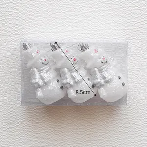 Set of three sparkling white snowman Christmas ornaments in a transparent box, 8.5cm size