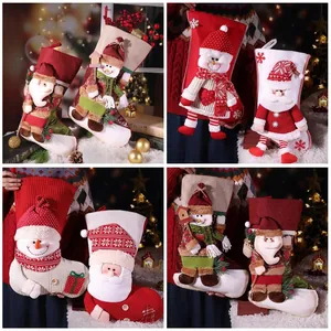 Grandes Chaussettes de Noël Appliqué 3D Père Noël Bonhomme de Neige Élan Tricot Jute Chaussette de Noël Pour Fête Décor Maison
