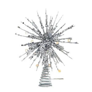 Silver sparkler Christmas tree topper with sequins and warm LED lights