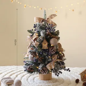 Albero di Natale da tavolo 60cm con luci calde, pigne e fiocchi di iuta decorati.