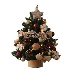 Albero di Natale in PE pre-illuminato con pigne e decorazioni in cotone da tavolo
