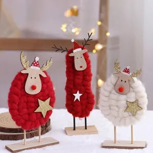 Handgemaakt Hout Wol Kerst Rendier Ornament Kerstman Figuurtje Voor Kerstboom Thuis Tafel Decor Feestelijke Party Desktop Decoratie Cadeau