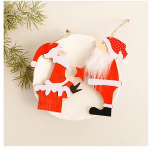 Detailed view of two different wooden Santa Claus ornaments with plush beard accents.