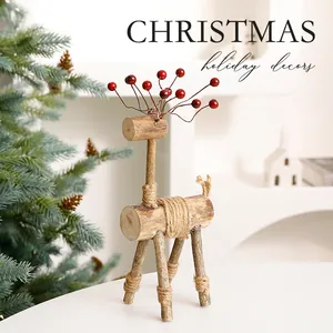 Figura de reno de Navidad de madera rústica con astas de bayas rojas decorativa