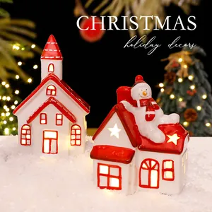 Nordic style ceramic light-up Christmas houses with snowman for holiday table decor