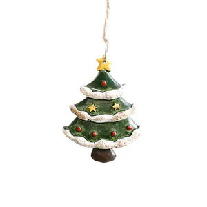 Vintage resin Christmas tree hanging ornament with golden stars and white snow texture