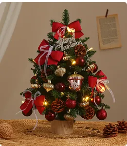 Mini albero di Natale da tavolo illuminato con fiocchi rossi e palline dorate