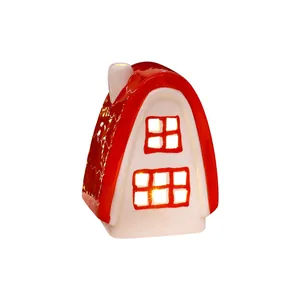 Nordic red ceramic glowing house Christmas ornament decoration with warm LED light