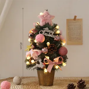 Mini albero di Natale da 45 cm pre-illuminato con decorazioni rosa e rami innevati