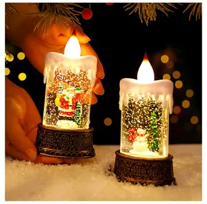 Macro-weergave van decoratieve kerst LED-waterkaarsen met kerstman- en sneeuwpopontwerpen
