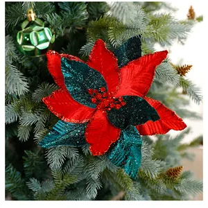 Artificial red and green velvet Christmas poinsettia flower with glitter ornaments
