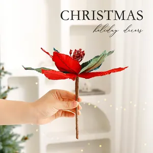 Elegant handmade red velvet artificial Christmas flower for festive holiday tree decor.