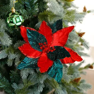 Premium velvet red and green glitter artificial poinsettia flower for Christmas tree decor