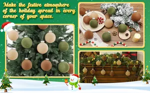 Set de bolas de Navidad de terciopelo de 8 cm mostradas en varias escenas festivas.
