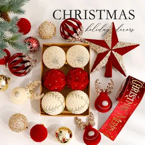 Burgundy Flocked Christmas Tree Top Star Ornaments With Artificial Pearl Champagne Gold Velvet Balls Hanging Decorations For Home Holiday Party Supplies