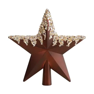 Brown star Christmas tree topper with shimmering gold glitter sequins decoration