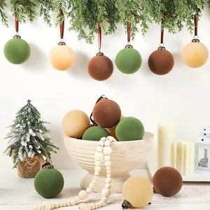 Boules de Noël en velours 8cm vert marron beige décorations de sapin floquées ensemble