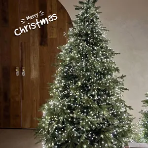 Warm white LED firecracker string lights decorating a lush green Christmas tree