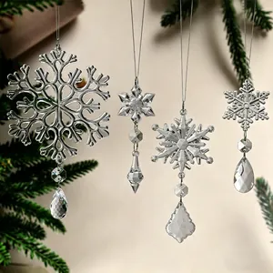 Clear acrylic snowflake Christmas ornaments for winter holiday tree decoration set.