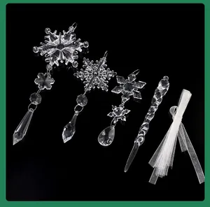 Detailed view of clear acrylic Christmas snowflake and icicle ornament set for DIY decor.