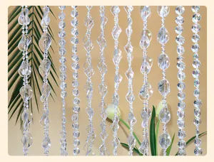 Close-up detail of various transparent acrylic bead strands for wedding and DIY decoration